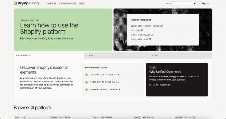 Screenshot of the Shopify Academy website