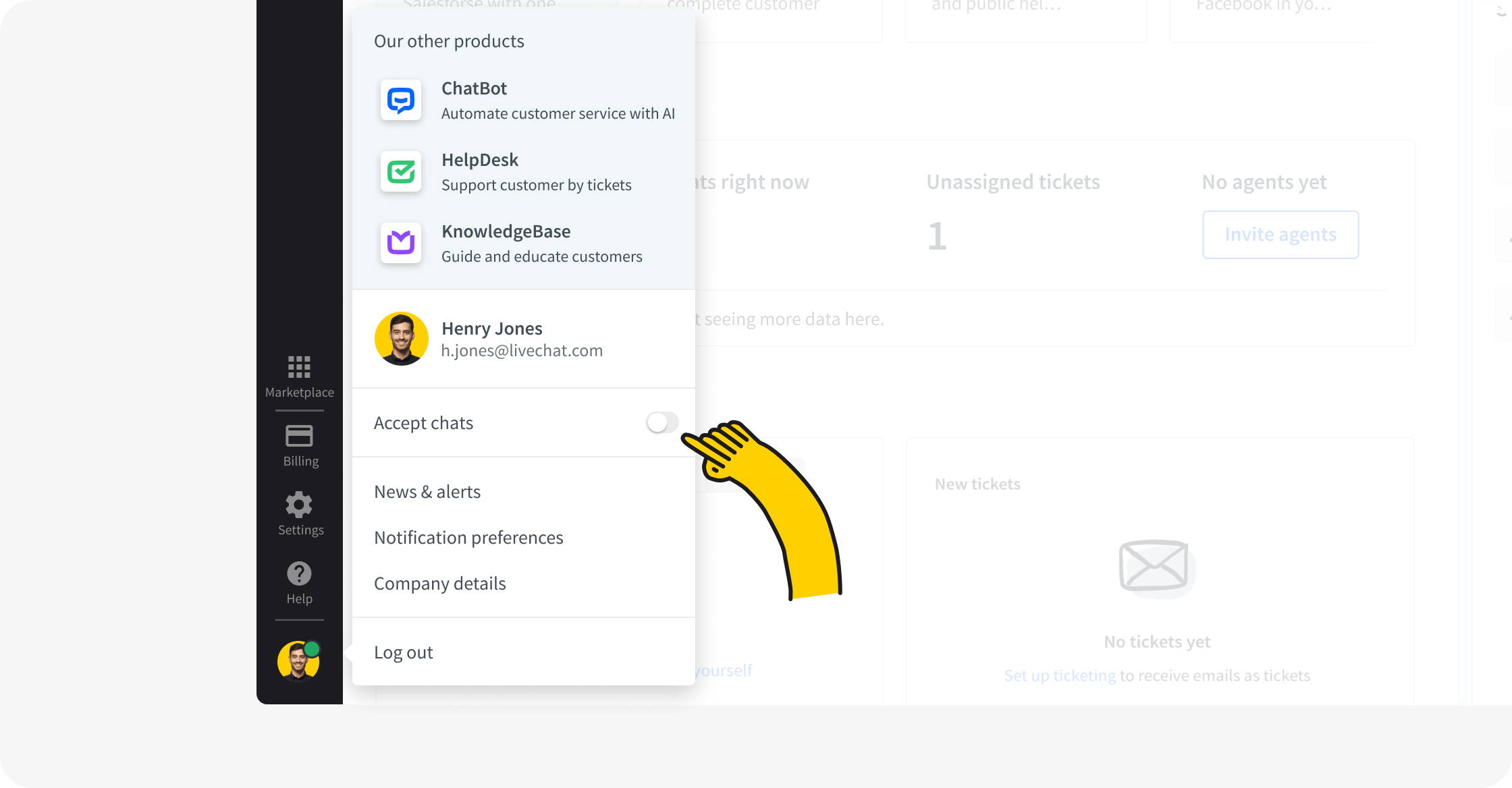 Accept chats switcher in LiveChat® app