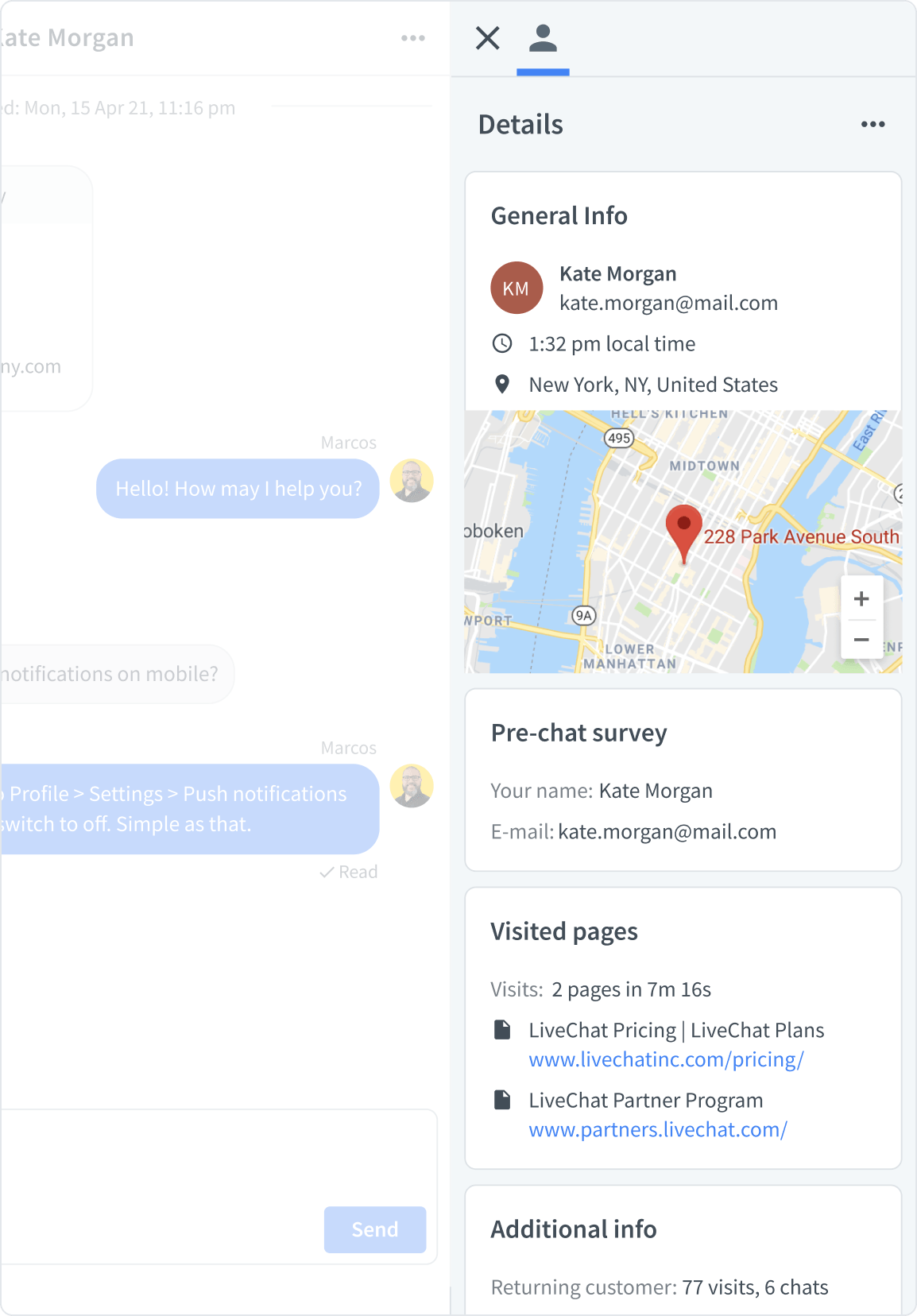 Customer details view in LiveChat® app