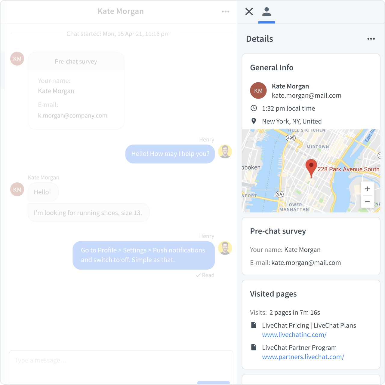 Customer details view in LiveChat® app