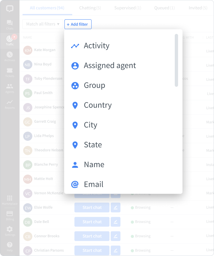 Filters in LiveChat® app