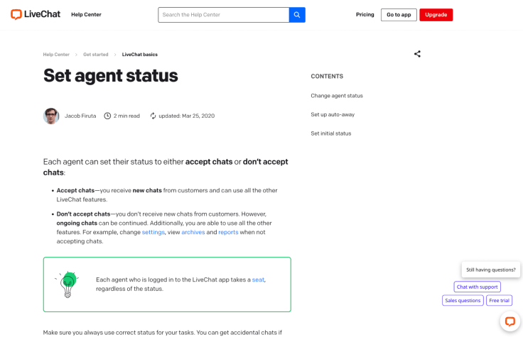 An example of a help center article about setting agent statuses.