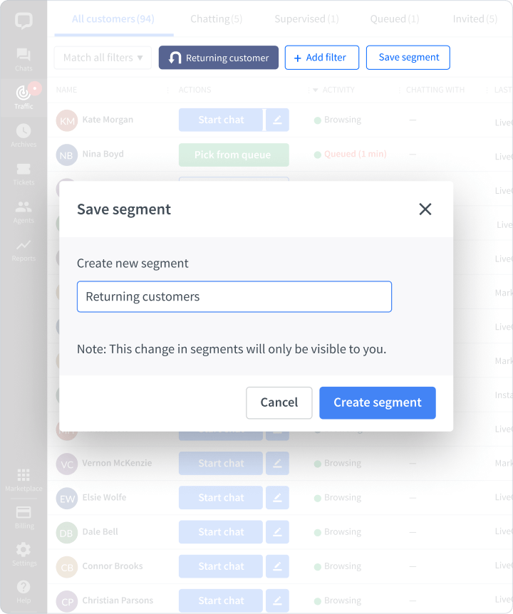 Customer segments in LiveChat® app
