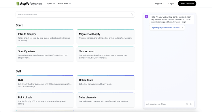 Screenshot of the Shopify Help Center page