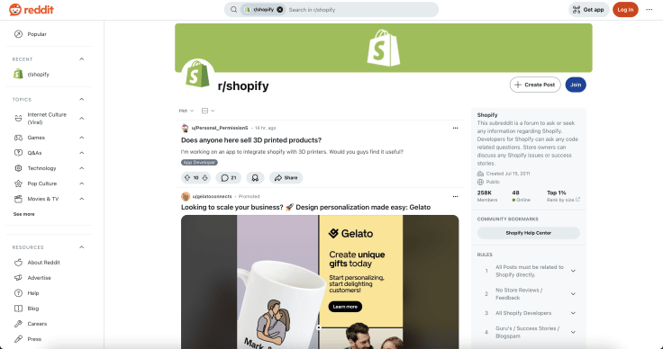 Screenshot of the Shopify subreddit