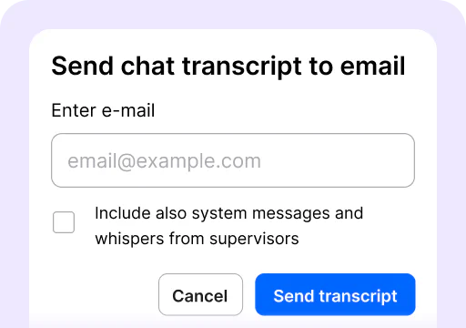 Transcript is one of the areas available in the chat feed inside the Archives section of the LiveChat® agent app. It's where you send a conversation transcript to your email or download it.