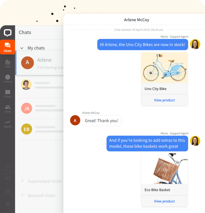 Screenshot of LiveChat® application dashboard with a restarted conversation between agent and client