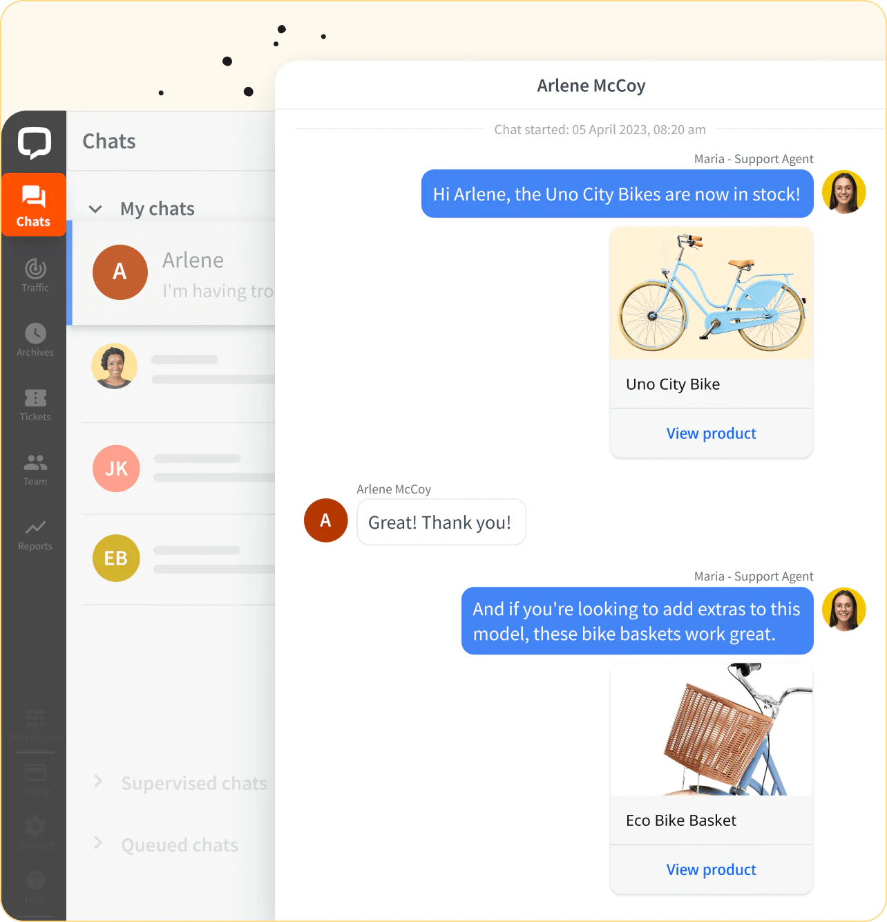 Screenshot of LiveChat® dashboard with a product recommendation sent asynchronously to a customer by support agent